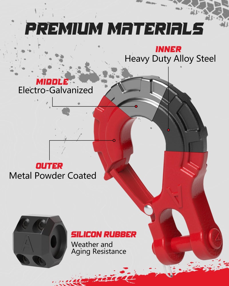 AMBULL 3/8" Winch Hook & Winch Cable Hook Stopper Sets, Heavy Duty Grade 70 Forged Steel Recovery Hook with Safety Latch, Included Allen Wrench,Max 37,478 Lbs, Red - Image 2